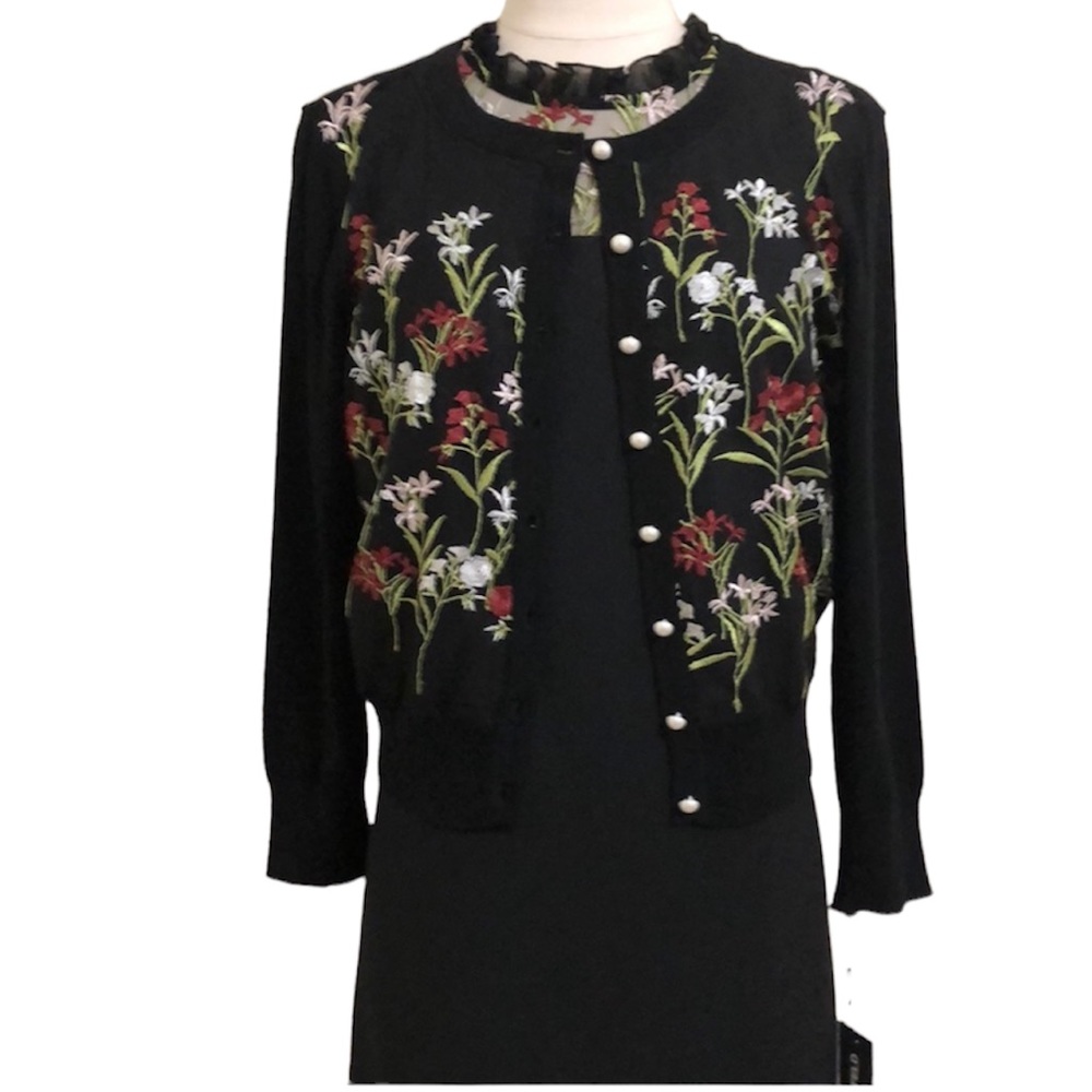 New KARL LAGERFELD Sheath Dress & Cardi Floral Embroidered Classic Black Medium